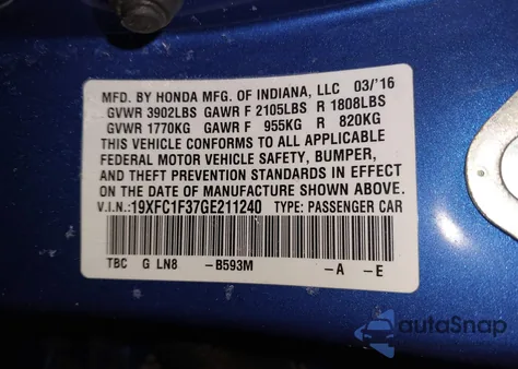 2016 Honda Civic Ex-T from USA, damaged, VIN 19XFC1F37GE211240